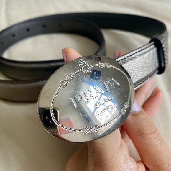Prada Saffiano Engraved Logo Metallic Dark Silver Belt - Picture 3 of 13